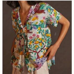 Maeve Anthropologie Small Print Linen Viscose Short Sleeve Button Up Shirt Top